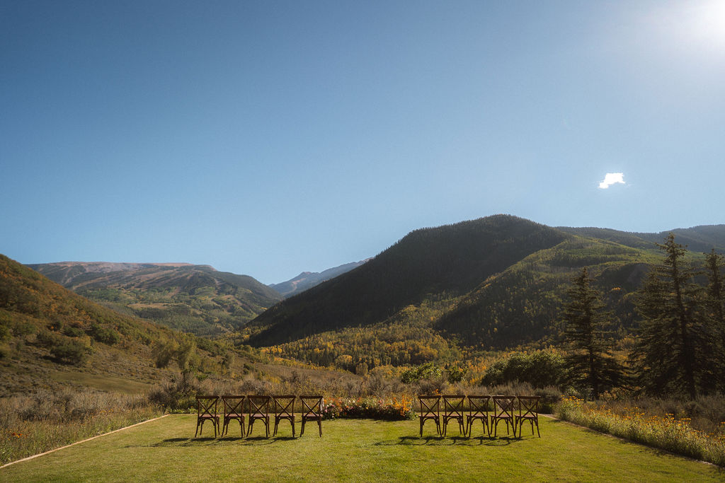 Wedding ceremony at Patak Ranch Aspen wedding venue in Snowmass Colorado by By The West